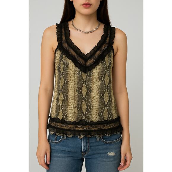 Vintage Y2K Lace Trim Chiffon Top Womens M Snake Print 90s Romantic Lightweight - Picture 2 of 9